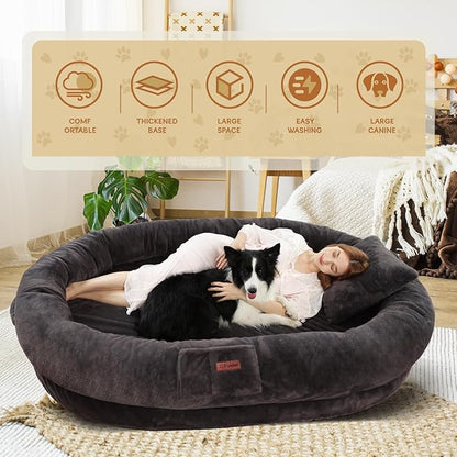 Human Dog Bed for Adult Kids, 70"x33"x12" Washable Faux Fur Human Size Dog Bed for People Doze Off, Dark Grey