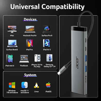 Acer 8 in 1 USB C Hub 10Gbps, USBC to HDMI Adapter 4K@60Hz, 2×USB-C 3.2, 2×USB A 3.0 Data Transfer, 100W PD Port Type C Multiport Splitter with SD/TF Card Reader, for Laptop, PC, Desktop, iPad Pro