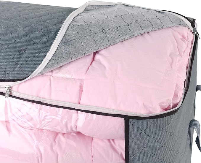 combocube Comforter Storage Bag, Zippered Bag with Large Clear Window and Carry Handles, Space Saver Organizers for Closet, Blanket, Pillow, Quilt, Bedding, Clothes (2Pcs Grey Large)