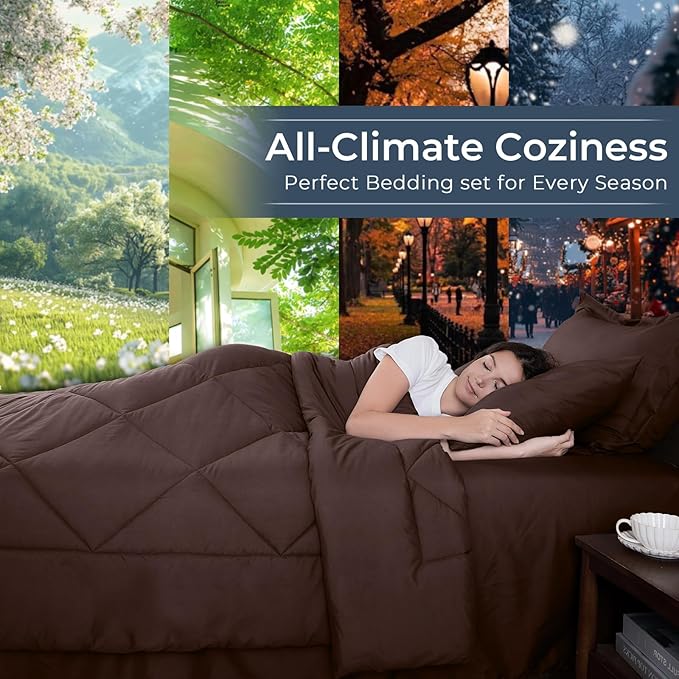 HEVUMYI Brown King Comforter Set - 7-Piece All Season Bed in a Bag King, Ultra Soft Bedding Set with Comforter, Flat Sheet, Fitted Sheet, Pillowcases, Pillow Shams
