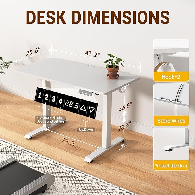 Veken 47.2 Inch Large Electric Standing Desk, 4 Memory Heights Adjustable,Sit to Stand Up, Work Home Office Computer Table for Study, Walking Pad, Writing, and Games, Wooden Desktop Desks, White