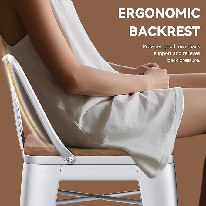 Yongchuang 26 inch Bar Stools Set of 2 Kitchen Counter Height Chairs with Wood Seat Industrial Low Back Metal Barstools Cream White