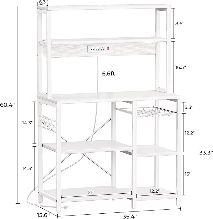 SUPERJARE Bakers Rack with Power Outlet, 35.4 Inches Coffee Bar with Wire Basket, Kitchen Microwave Stand with 6 S-Shaped Hooks, Open Storage Shelves, White