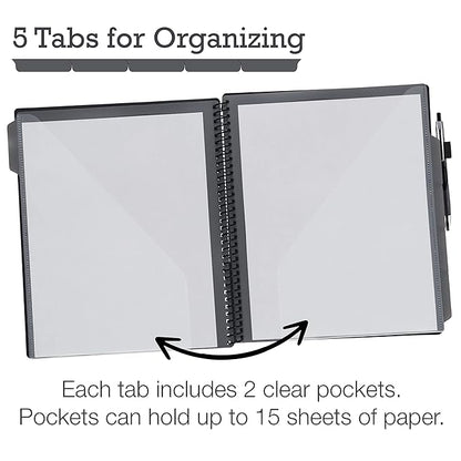 Samsill Spiral Folder Organizer - 5 Dividers & 10 Pockets with Notepad Holder, Multi Pocket Color Cordinated Folder Binder with Customizable Tabs, Document Organizer (Grey)