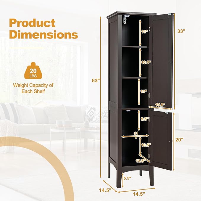 COSTWAY Tall Bathroom Storage Cabinet, 5-Tier Freestanding Linen Tower Cabinet with 2 Doors, Wooden Side Storage Organizer, Narrow Slim Floor Cabinet for Bathroom, Living Room, Kitchen (Brown)