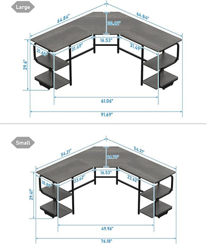 Teraves Modern L Shaped Desk with Shelves,64.84" Gaming Computer Desk for Home Office,Corner Desk with Desktop (Black Oak+Black Frame, Large+4 Tier Shelves)