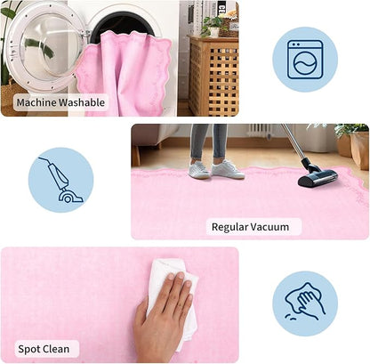 GarveeHome 5x7 Valentines Scalloped Area Rug Pink Washable Rugs for Living Room Bedroom, Soft Low Pile Non Slip Accent Floor Mat Solid Floral Print Throw Rug Farmhouse Indoor Carpet for Dorm Playroom