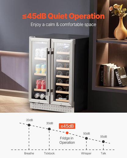 VEVOR Wine and Beverage Refrigerator, 24 in Dual Zone Wine Cooler, Built-in & Freestanding Fridge with Glass Doors, Adjustable Shelves, Digital Temperature Control, 64 Cans and 20 Bottles Capacity