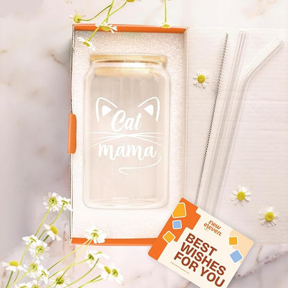 NewEleven Gifts For Cat Mom, Cats Lover - Cat Gifts For Women - Cute Kitten Stuff, Cats Themed Gift For Women - Cute Funny Gift For Her, Best Friend - 16 Oz Coffee Glass