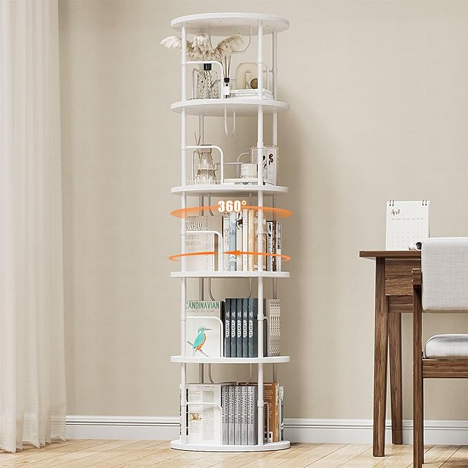 5 Tier Rotating Bookshelf, 360 ° Display Stackable Spinning Bookshelf Tower, Corner Bookshelf Tall Floor Standing Swivel Bookcase Narrow Storage Organizer for Bedroom, Living Room, White