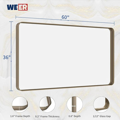 WEER 60x36 Inch Bronze Bathroom Mirror for Vanity, Brushed Bronze Metal Frame Mirror for Wall, Rounded Rectangle Bronze Frame Mirror with Tempered Glass, Anti-Rust (Horizontal/Vertical)