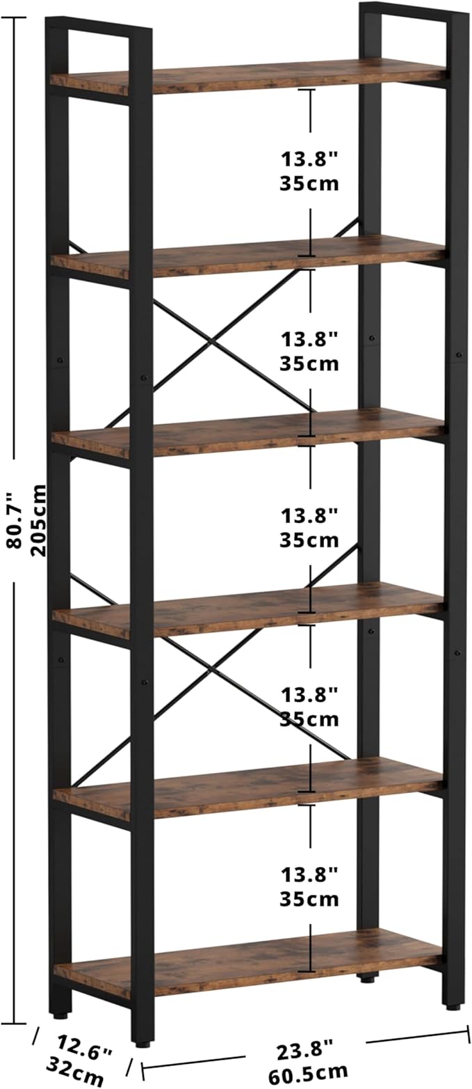 IRONCK Bookshelf 6-Tier Ladder Shelf 110lbs Display Shelf Vintage Industrial Style Bookcase for Home Office, Living Room