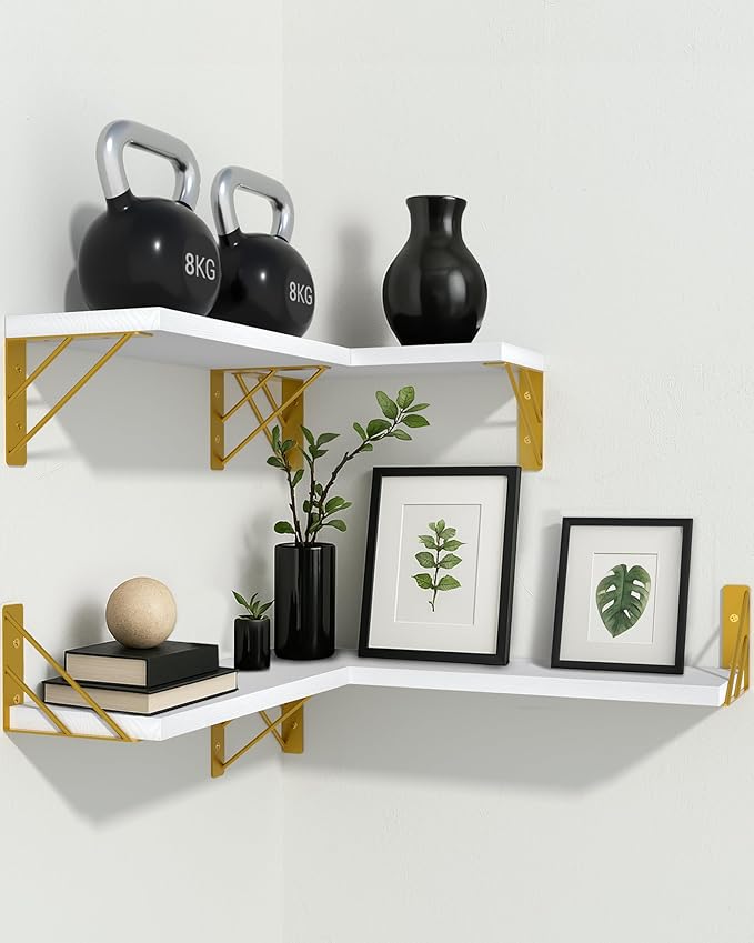 BAYKA Wall Shelves for Bedroom Decor, Floating Wall Shelves for Living Room Kitchen Storage, Wall Mounted Rustic Wood Shelves for Kids Books, Corner Shelf for Bathroom(White and Gold，Set of 4)