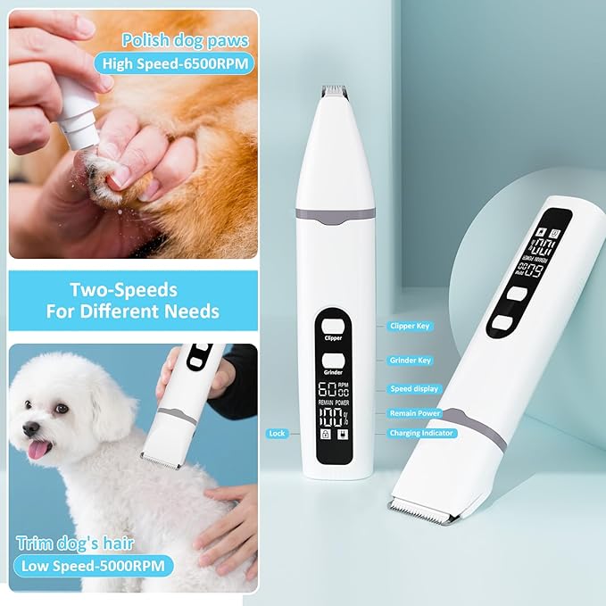 Dog Clippers for Grooming, 4 in 1 Dogs Paw Trimmer Pet Grooming Kit, Low Noise Dog Shavers with Nail Grinder Quiet, Rechargeable Cordless Electric Pets Clippers, 2-Speed Pet Hair Trimmer for Dogs Cat