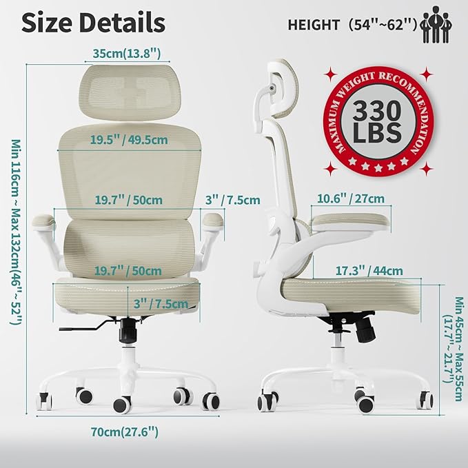 TRALT Ergonomic Office Chair - Desk Chair with Adjustable Headrest Lumbar Support Computer Chair - Mesh Comfy Chair with Flip-up Armrests - Gaming Chairs for Adults Home Office (Leather, Beige)