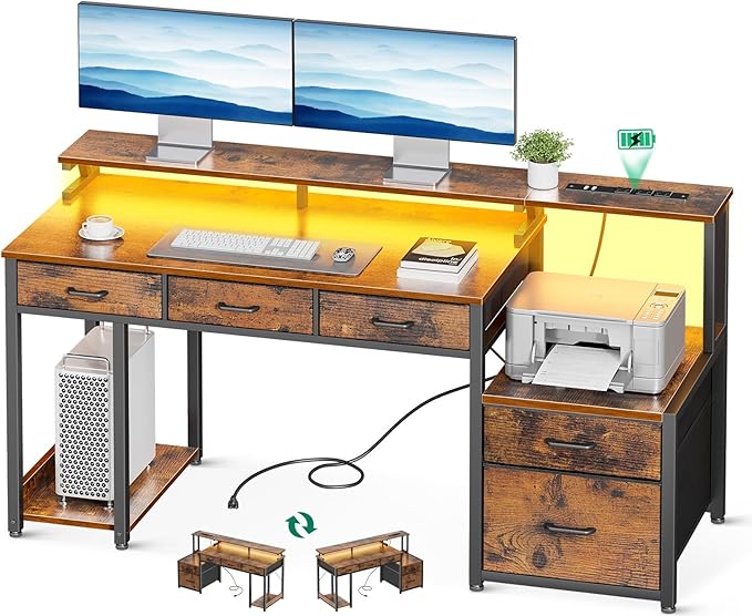 AODK 55 Inch Computer Desk with 3 Drawers and File Cabinet for Storage, Office Desk with Monitor Stand and LED Lights, Home Office Desks, Vintage
