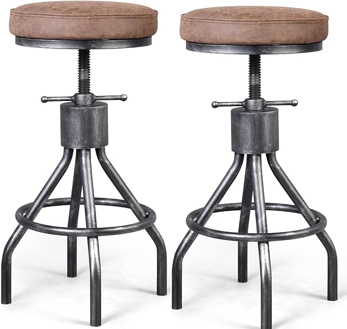Industrial Bar Stools Swivel Pu Seat Vintage Kitchen Island Counter Stool 23-33inch Height Adjustable Rustic Shop Chair (Set of 2)