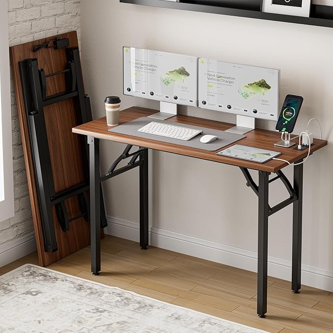 Frylr Small Folding Computer Desk – 43.3 Inch Portable Table for Craft and Study, Lightweight Desk for Small Spaces, Foldable Laptop Table Built-in AC/USB Outlets for Convenience, Dark Walnut