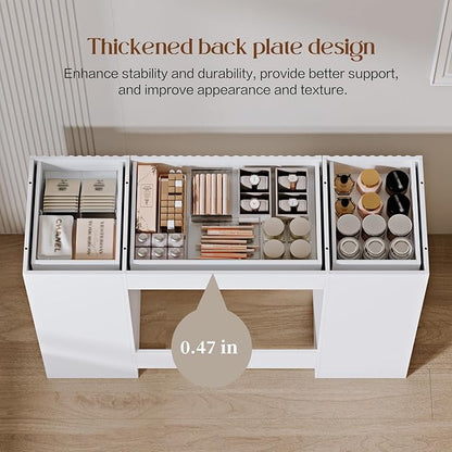 Fluted Makeup Vanity Desk with 46" HD Lighted Mirror,Big Modern Vanity Desk with Mirror and 12 LED Lights, Dressing Table with 11 Drawers, Glass Top for Bedroom,White