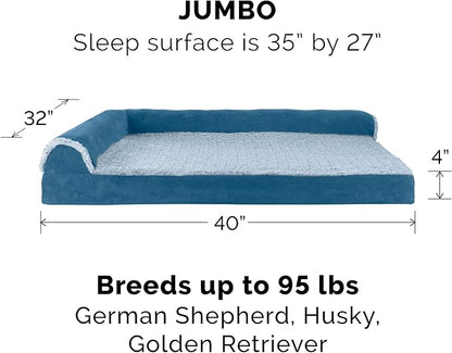 Furhaven Replacement Dog Bed Cover Two-Tone Faux Fur & Suede L Shaped Chaise, Machine Washable - Marine Blue, Jumbo (X-Large)