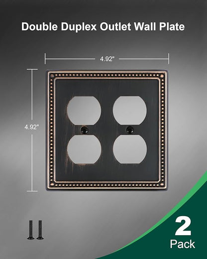 2-Pack Double Duplex Outlet Cover, Aged Bronze Metal Switch Plates and Outlet Covers, Pearls Decorative Wall Plates for Electrical Outlets, 2 Gang Receptacle Cover, Corrosion Resistant