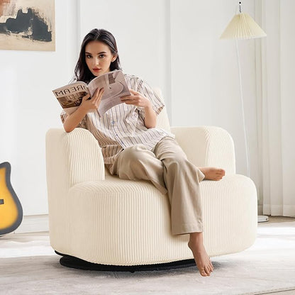Furnimart 360° Swivel Barrel Accent Chair, Round Upholstered Comfy Lounge Chair, 34“ Corduroy High-Resilienc Foam Single Sofa, No Assembly Wide Seat for Living Room, Bedroom, Apartment (Beige)