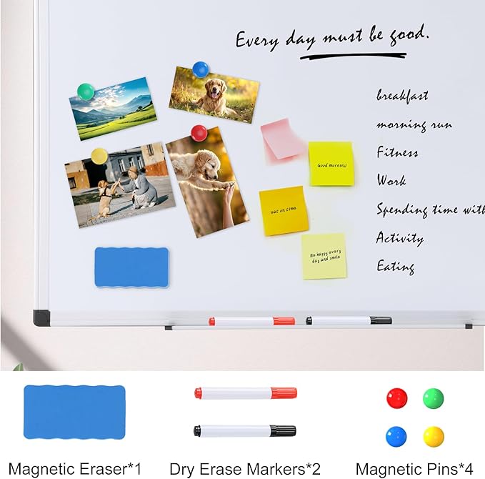 OLIXIS Magnetic White Board, Dry Erase Board for Wall 32" x 48", Whiteboard with 1 Dry Eraser & 2 Multicolor Markers & 4 Magnetic Pins, Aluminium Frame for Home, School, Office, White