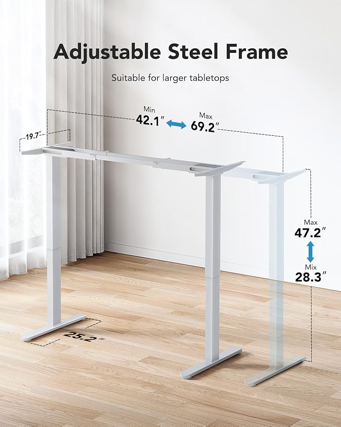 HUANUO Electric Standing Desk Frame with 265 lbs Dual Motor,Thick T-Shaped Desk Legs Made of Automotive-Grade Steel,for Max 90″x31.5″ Desktop, Height Adjustable Desk Frame for Home Office,Frame Only