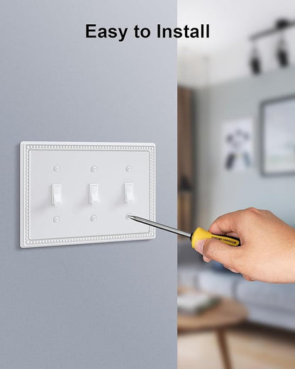 2-Pack Triple Toggle Light Switch Cover Plate, Pearls Decorative Switch Plate Covers, Pure White 3 Gang Metal Wall Plate, Corrosion Resistant