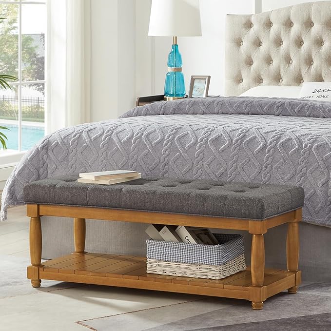 24KF Large Rectangular Upholstered Tufted Bed Bench, Linen Fabric Storage Ottoman Bench for Living Room, Padded Entryway Bench with Solid Wood Shelf,5098-Granite