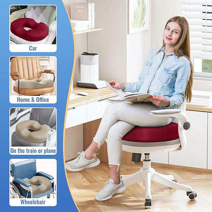 CloudBliss Donut Pillow Seat Cushion Chair Pad for Tailbone Pain Relief and Hemorrhoids, Memory Foam Seat Chair Cushion for Men and Women for Home & Office, (Red-2XL)