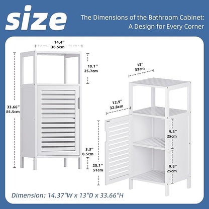 HITNET Bamboo Bathroom Storage Cabinet, 4 Tier Small White Floor Cabinet with Single Door, Free Standing Slim Narrow Storage Organizer for Bedroom Living Room