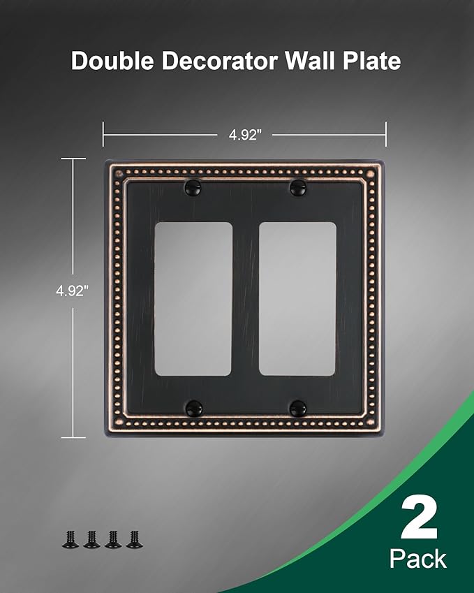 2-Pack Double Decorator Outlet Cover Plate, Pearls Decorative Switch Plates and Outlet Covers, 2 Gang Aged Bronze Metal Wall Plates, Corrosion Resistant