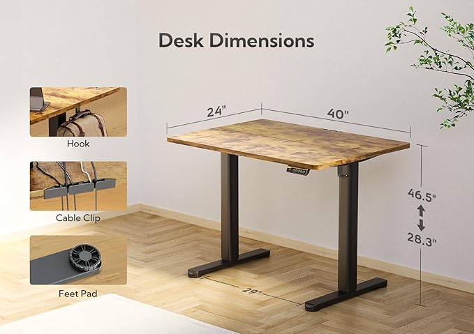 Claiks Electric Standing Desk, Adjustable Height Stand up Desk, 40x24 Inches Sit Stand Home Office Desk with Splice Board, Black Frame/Rustic Brown Top