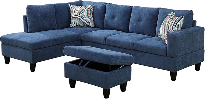 L Shaped Couch Modern Sectional Couch Upholstered Linen Fabric 3 Pieces Sofas for Living Room with Chaise, Storage Ottoman for Office and Small Apartment, Blue