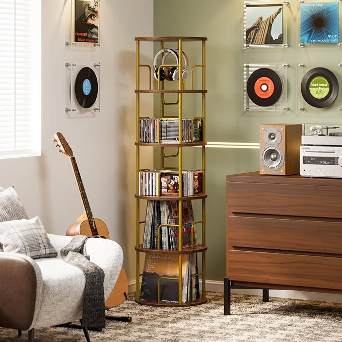 5 Tier Rotating Bookshelf, 360 Display Spinning Corner Bookshelf, Space-Saving Metal Frame Bookcase for Living Room, Office, Bedroom, Gold