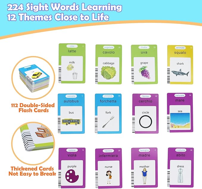 MAYAPHILOS Italian and English Talking Flash Cards, Pocket Speech for Learn Italian, Italian Language Learning Audible Talking Flashcards Toddlers' Sensory Preschool Educational Birthday Gifts