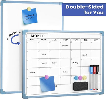 Blue Frame Whiteboard Calendar, 16" x 12" Dry Erase Board Calendar for Wall, Small Monthly Planner for Home, Office, School