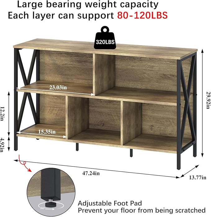 Horizontal Bookshelf,Industrial Modern 5 Cube Low Wide Cubby Bookcase,Long Wood and Metal Storage Organizer Open Shelf, Short Book Shelf Bedroom Storage for Home Office Living Room(Rustic Oak,5 Cube)