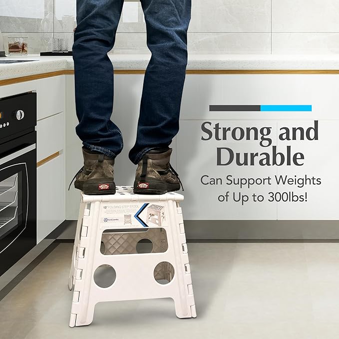 Handy Laundry Folding Lightweight Step Stool - Sturdy Enough to Support Adults and Safe Enough for Kids - Opens Easy with One Flip - Great for Kitchen, Bathroom or Bedroom (White - 13 inch)