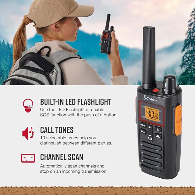 Cobra RX380 Walkie Talkies (2-Pack) – Weather Resistant Two Way Radios Long Range, 40 Pre-Programmed Channels, Weather Alerts, LED Flashlight, Long-Life NiMH Batteries (Black)