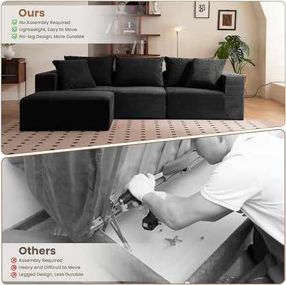 108" L-Shaped Boneless Couch, Modular Sectional Sofa with Moveable Ottoman, Corduroy Cloud Couches for Living Room, No Assembly, Ship in a Box, Black