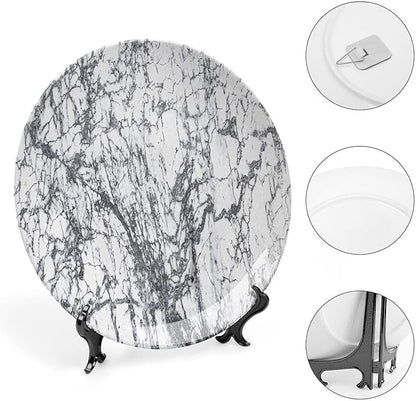 Ceramic Plates, Abstract Decorative Ceramic Plates, Murky Marble Rock Motifs Dynamic Fractal, 6 Inch, for Dining, Parties, Wedding, Grey White