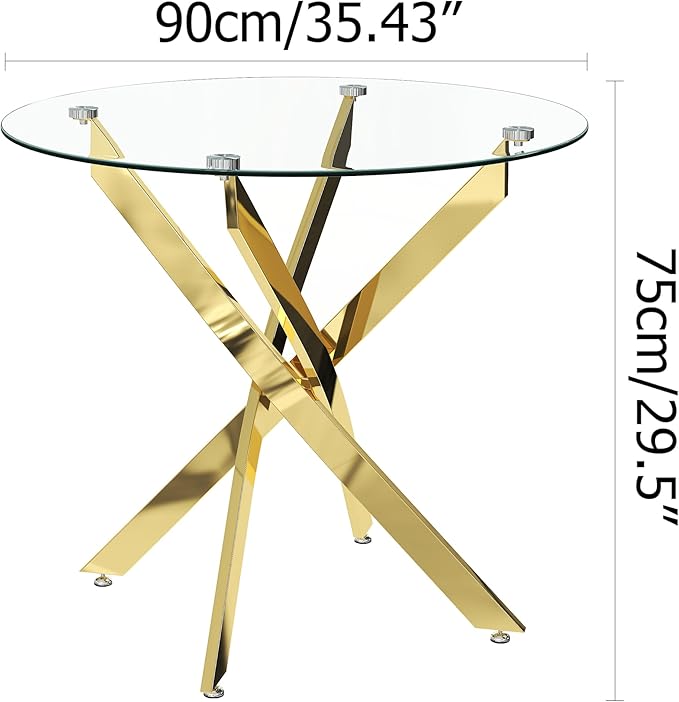 Round Tempered Glass Dining Table for 2-4 with Chromed Legs, 35.5 Inch Modern Small Kitchen Table Dining Room Table for Kitchen Dining Room (Gold)