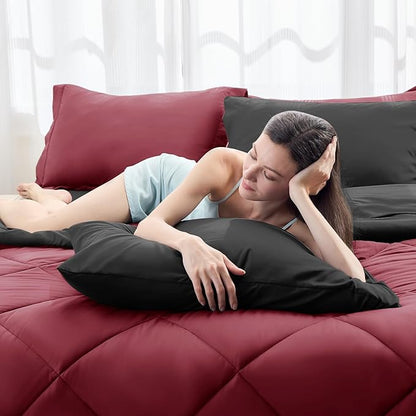 HEVUMYI Red & Black Queen Comforter Set - 7-Piece All Season Burgundy Bed in a Bag Queen, Ultra Soft Bedding Set with Comforter, Flat Sheet, Fitted Sheet, Pillowcases, Pillow Shams, Burgundy