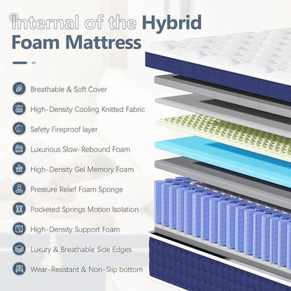 Twin Mattress, 12 Inch Hybrid Twin Size Mattress in a Box, Gel Memory Foam and Pocket Coils Innerpring Mattresses with Ergonomic Design, Pressure Relief and Support, CertiPUR-US, 39"*75"*12"