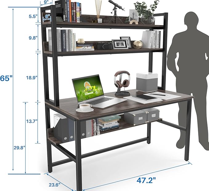 Aquzee Desk with Hutch Bookshelves, Computer Desk with 3 Tiers Storage Shelves, Space Saving Design Black Metal Legs Desk with Grey Board, Easy Assemble