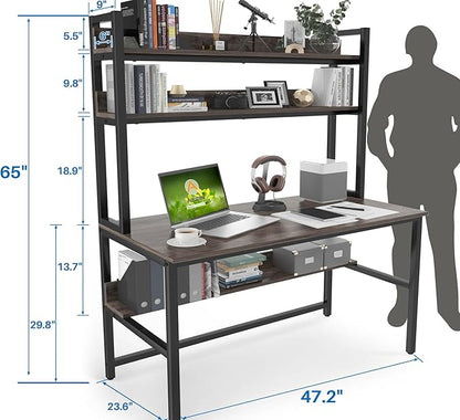 Aquzee Desk with Hutch Bookshelves, Computer Desk with 3 Tiers Storage Shelves, Space Saving Design Black Metal Legs Desk with Grey Board, Easy Assemble