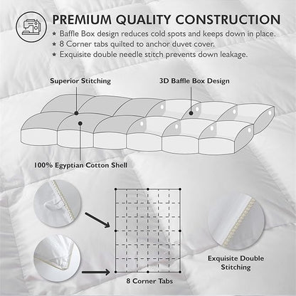Luxurious White Solid Medium Weight, Oversize California King Size Goose Feathers Down Comforter for All-Season, 108 X 98 inches, Premium Baffle Box, 100% Egyptian Cotton Cover, 80 oz. Fill Weight
