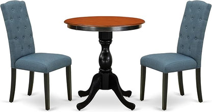 East West Furniture ESCE3-BCH-21 3 Piece Dining Room Table Set Contains a Round Kitchen Table with Pedestal and 2 Mineral Blue Linen Fabric Parson Dining Chairs, 30x30 Inch, Black & Cherry